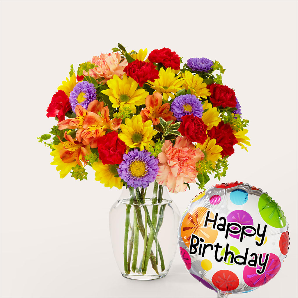 Kaleidoscope Bouquet with Birthday Balloon – Our Flower Shop, Gibsonton FL