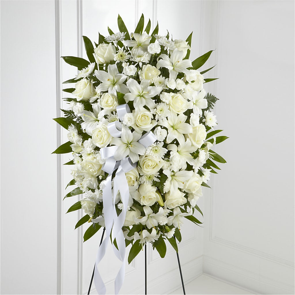 Exquisite Tribute Standing Spray-White Ribbon – Our Flower Shop, Gibsonton FL