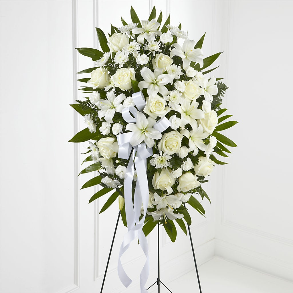 Exquisite Tribute Standing Spray-White Ribbon – Our Flower Shop, Gibsonton FL