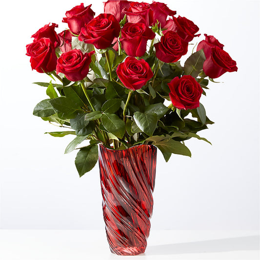 Classic Love Red Rose Bouquet with Red Swirl Vase